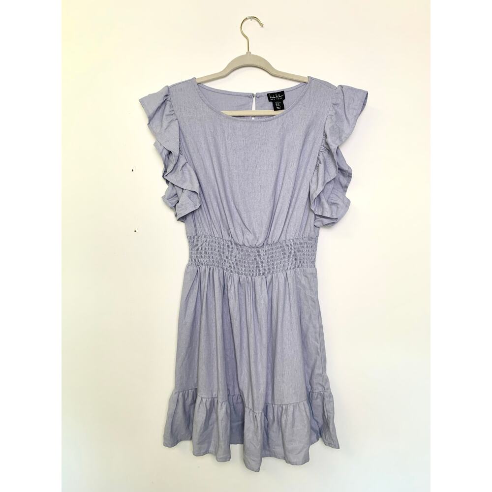 Nicole Miller New York Women's Linen Blend Blue Flounce Ruffle Dress XS Feminine